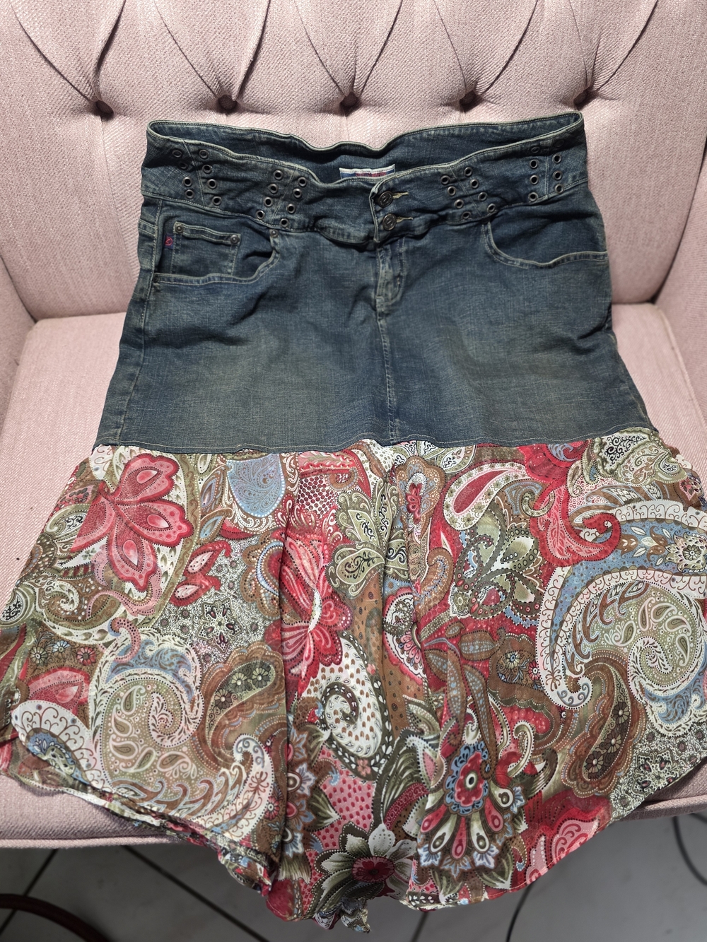Z Cavaricci Denim & Paisley BOHO Tiered Women's Skirt Size 16